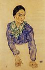 Egon Schiele Portrait of a Woman with Blue and Green Scarf painting